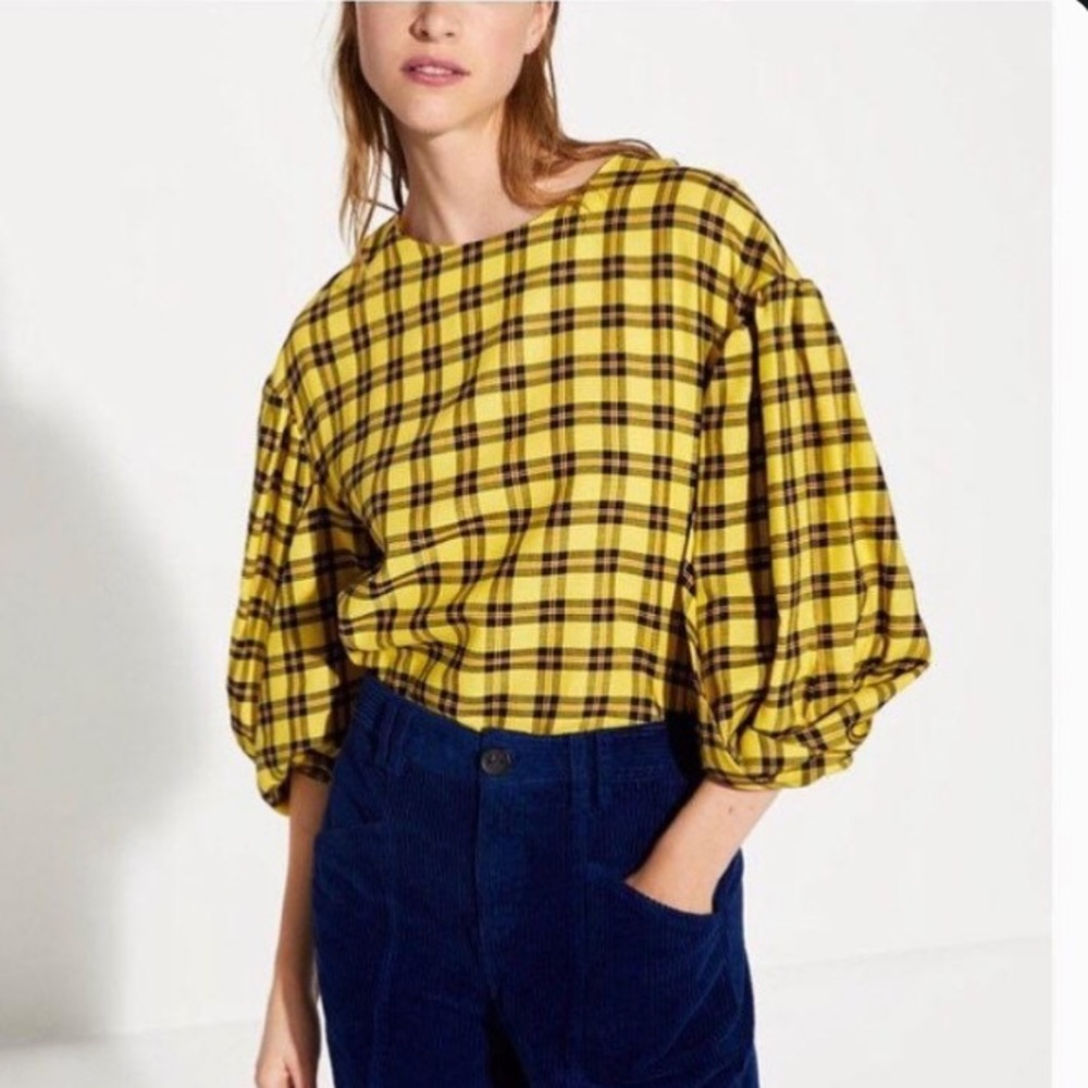 Zara Yellow Black Plaid Balloon Sleeve Top Academia Size XS Electic Preppy